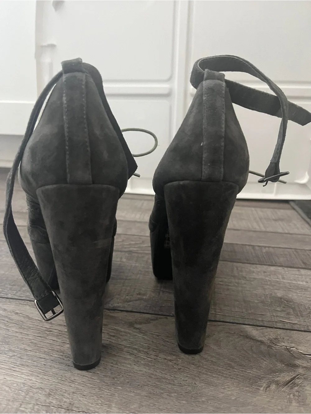 Farylrobin Charcoal Gray Suede Platform Lace-Up Heels